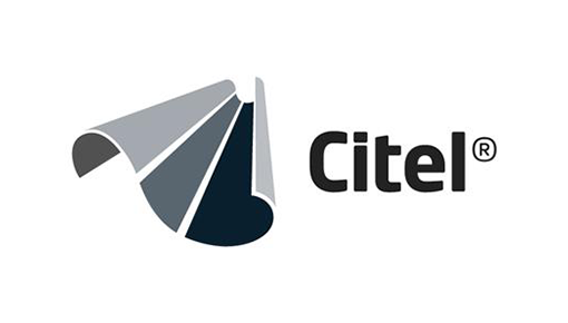 Das Logo zeichnet sich durch ein stilisiertes Design aus drei sich überlappenden, geschwungenen Formen in verschiedenen Grau- und Schwarztönen aus, die an Seiten oder Wellen erinnern. Neben dem Design ist der Schriftzug „Citel“ in fetter, schwarzer Schrift mit dem Symbol einer eingetragenen Marke zu sehen.