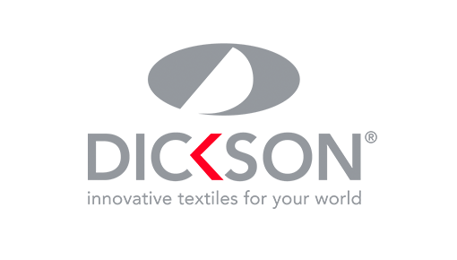 Logo von Dickson mit einer abstrakten augenähnlichen Form über dem Firmennamen in Grau, der mit einem roten „K“ stilisiert ist. Darunter steht der Text: „Innovative Textilien für Ihre Welt.“.