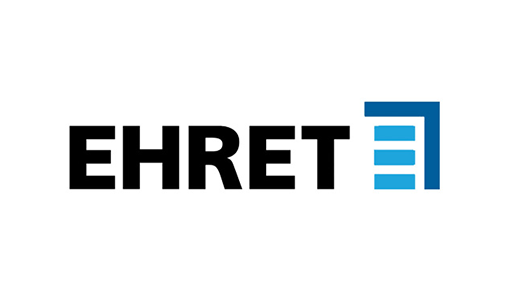 Das Bild zeigt das Logo von „EHRET“, dessen Schriftzug in fetten schwarzen Großbuchstaben gehalten ist. Rechts daneben bilden drei horizontale blaue Linien ein stilisiertes „E“. Der Hintergrund ist weiß.