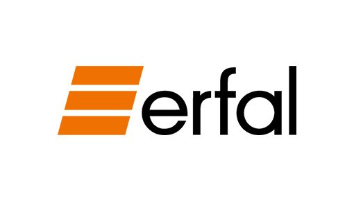 Logo mit zwei orangefarbenen Rechtecken über und unter dem schwarzen Text „erfal“. Das Design ist klar und modern.