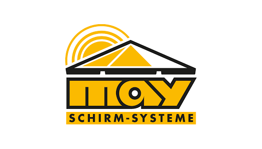 Logo von „May Schirm-Systeme“ mit einer stilisierten orange-schwarzen Sonnen- und Regenschirmgrafik über dem Text. Das Wort „MAY“ ist fett und groß, darunter steht kleiner „SCHIRM-SYSTEME“.