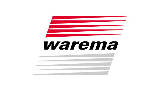 Logo mit dem Wort „warema“ in fettem schwarzen Text. Darüber bilden fünf rote horizontale Streifen ein schräges Rechteck. Darunter wird das Design mit fünf grauen Streifen gespiegelt, wodurch ein dynamischer, mehrschichtiger Look entsteht.