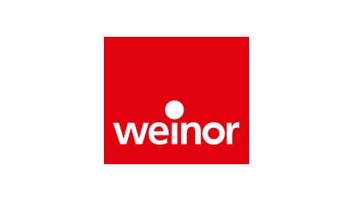 Rotes Quadrat mit dem Wort „weinor“ in weißen Kleinbuchstaben. Über dem Buchstaben „i“ befindet sich ein weißer Kreis. Der Hintergrund ist schlicht weiß.