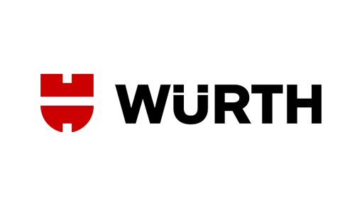 Rot-schwarzes „WÜRTH“-Logo. Das rote Symbol ähnelt einem stilisierten Schild oder dem Buchstaben „W“ auf der linken Seite, neben dem Wort „WÜRTH“ in fetten schwarzen Buchstaben. Der Hintergrund ist weiß.