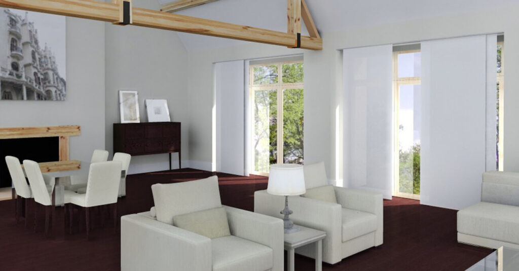 Ein modernes Wohnzimmer mit beigen Sesseln, einem Sofa und einer Lampe. Im Hintergrund steht ein Esstisch mit vier Stühlen. Große Fenster lassen Tageslicht herein und heben den dunklen Holzboden und die minimalistische Einrichtung hervor. Ein Schwarz-Weiß-Foto schmückt die Wand.