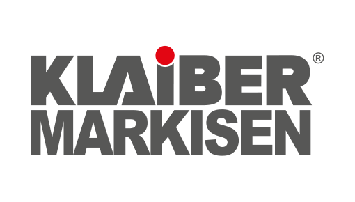 Das Textlogo zeigt „Klaiber Markisen“ in fetten, grauen Großbuchstaben. Der Punkt über dem Buchstaben „I“ ist rot und verleiht dem Design einen Farbtupfer.