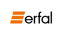 Logo mit zwei orangefarbenen Rechtecken über und unter dem schwarzen Text „erfal“. Das Design ist klar und modern.